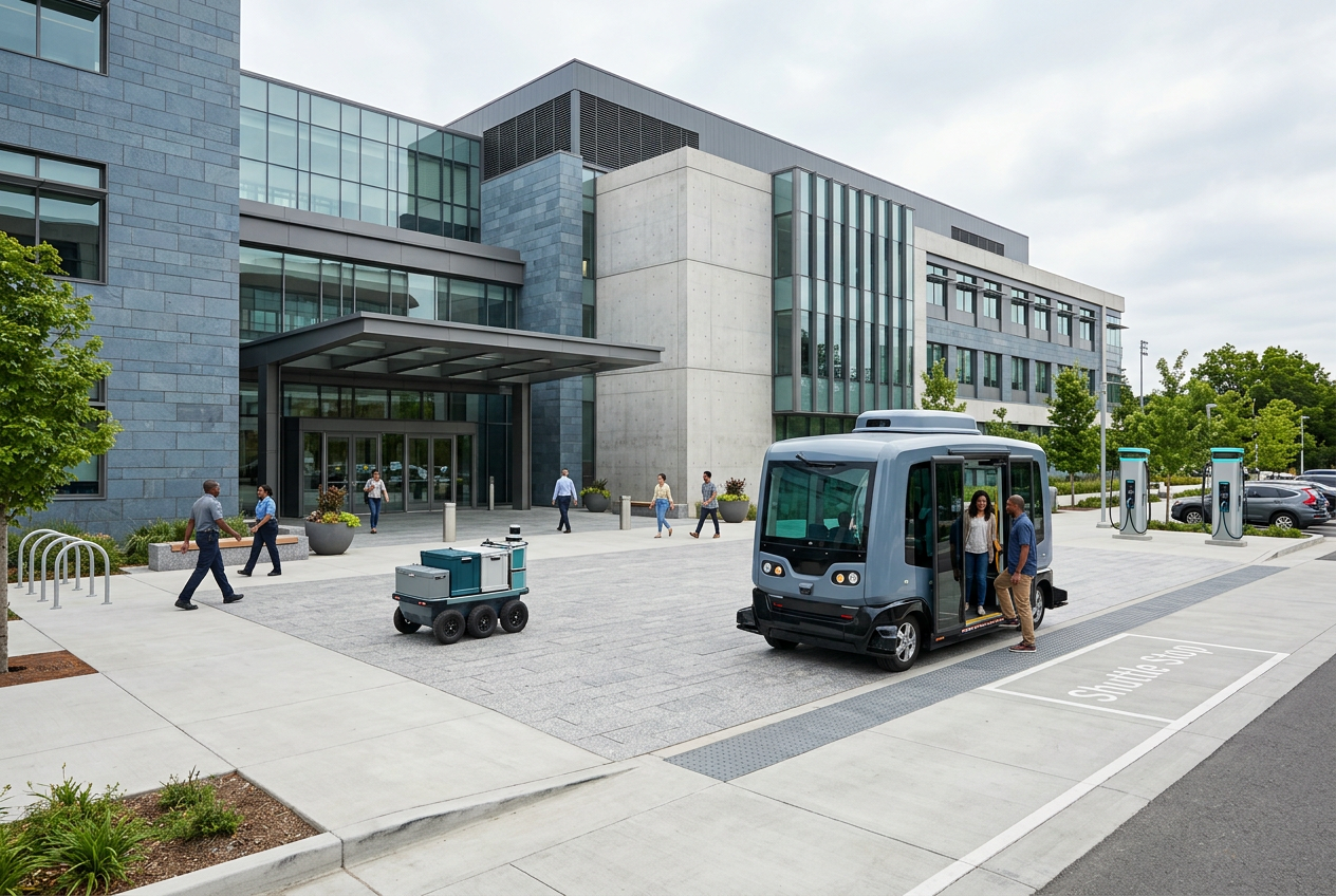 Illustrative civic campus with an autonomous electric shuttle, accessible curbside arrival, EV charging, and a delivery rover